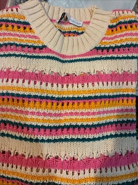 Zara Cream Crewneck Sweater with Pink, Mustard & Teal Stripes